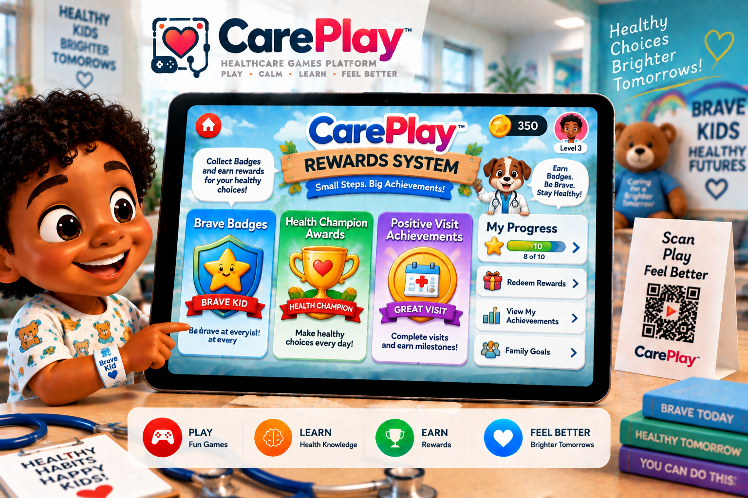 CarePlay rewards system with brave badges, health awards, and visit achievements